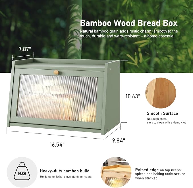 kiplant Green Bread Box for Kitchen Counter, Large Bamboo Bread Storage Container with Wavy Arcylic Door, Bamboo Wooden Farmhouse Bread Box for Your House