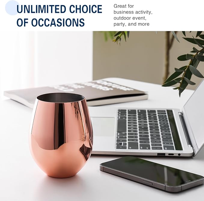 WOTOR Rose Gold Stemless Wine Glasses, 18oz, Stainless Steel, Set of 4 | Unbreakable, Metal, Outdoor Events, Ideal Gift