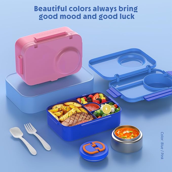 Upgraded Kids Lunch Box with Thermo for Hot Food 1400ml Child Bento Box for Kids with 5oz Small Thermo for Boys Girls with Fork Spoon Leakproof for Dining Out School Work Picnic-Blue