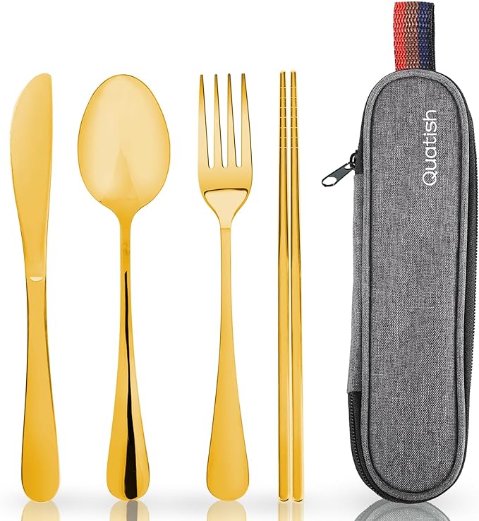 Travel Utensils with Case, Quatish Portable Silverware Set for Work, Stainless Steel Reusable Travel Cutlery, Fork and Spoon Set for Camping, Picnic, Gadgets, Lunch Box for Men, Christmas Gift, Gold