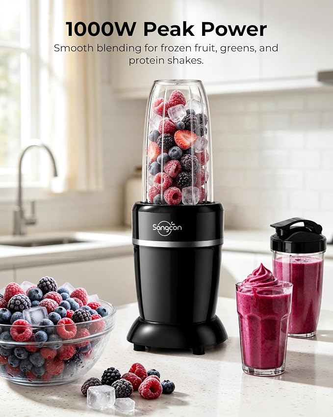 Sangcon 1000W Personal Smoothie Blender, Protein Shakes, Home & Gym, Black | 37/32/22 oz BPA-Free To-Go Cups with 6-Leaf Blade, Frozen Fruit, Ice Crushing, Baby Food, Sauces, Dips, Coffee, Nuts, Spices