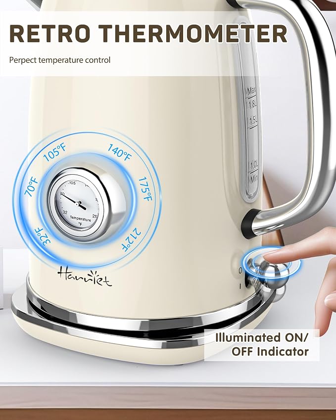 Harriet 61oz Electric Kettle with Thermometer, Retro Hot Water Boiler | 1500W Hot Water Kettle, Electric Tea Kettle for Boiling Water, LED Indicator, Auto Shut-Off & Boil Dry Protection