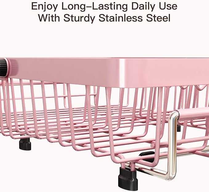 Pink Dish Drying Rack Over The Sink with Utensil Holder | Expandable Stainless Steel Dish Drainer for Small Kitchen, Apartment, RV, Counter Space Saving, Perfect Fit, Rustproof