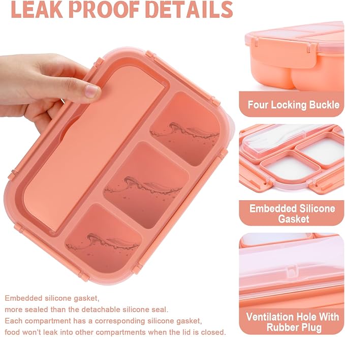 Bento Box Adult Lunch Box, Lunch Containers for Kids Girls Boys with 4 Compartments, Lunchable Food Container with Utensils, Sauce Jar, Muffin Liners, 40 Oz/5 Cup, Microwave & Dishwasher Safe, Pink
