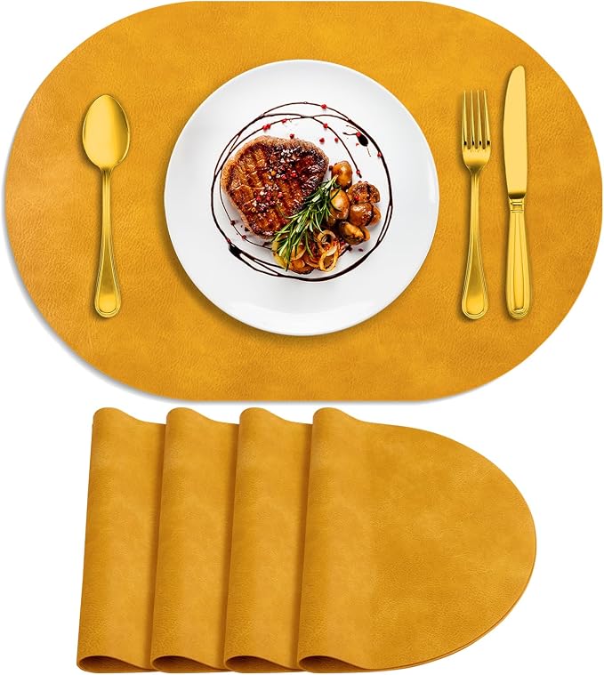 ADRIMER Placemats, Heat Resistant Oval Placemats Set of 4 Washable 12 x 17 Inch, Waterproof Table Mats, Wipeable Pu Place Mats for Kitchen, Dining Room, Yellow