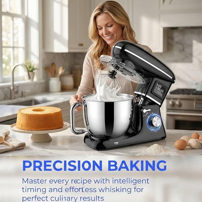 Electric Stand Mixer with LED Display & Timer 6.5QT Bowl Stainless Steel, 1350W 6-Speeds Kitchen Stand Up Mixer for Baking Cakes Cookie Bread Salad Food with Egg Whisk, Dough Hook, Beater