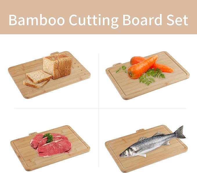 4 Piece Bamboo Cutting Boards with Food Icons & Stand, 14.56"L x 11"W | Thick & Durable, Deep Juice Groove, Non Toxic Real Wood, knife-friendly, Chopping Boards Set of 4 with Sturdy Holder