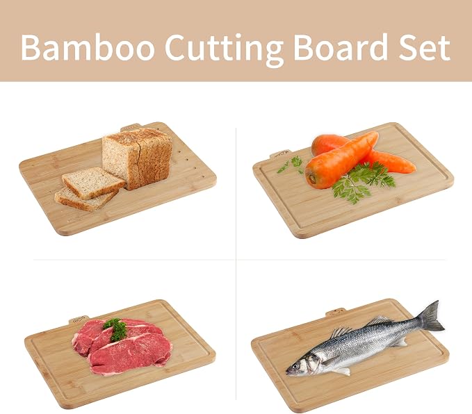 4 Piece Bamboo Cutting Boards with Food Icons & Stand, 12.6"L x 9"W | Thick & Durable, Deep Juice Groove, Non Toxic Real Wood, knife-friendly, Chopping Boards Set of 4 with Sturdy Holder