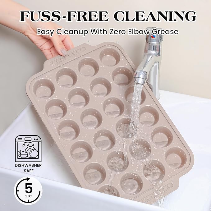 2 Pcs Silicone Muffin Pans for Baking with Metal Reinforced Frame, Nonstick Cupcake Tray for Oven, 24 Cups Mini Size Silicone Molds for Egg Bites, Dishwasher Safe (Brown, Cream)