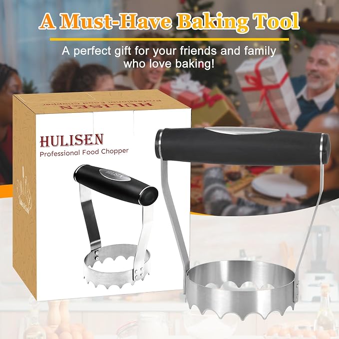 HULISEN Serrated Food Chopper Manual Hand, 3" Stainless Steel Hand Chopper | Ergonomic Rubber Handle, Chops Egg Nut Collard Tuna Salad & Ground Beef, Dishwasher Safe