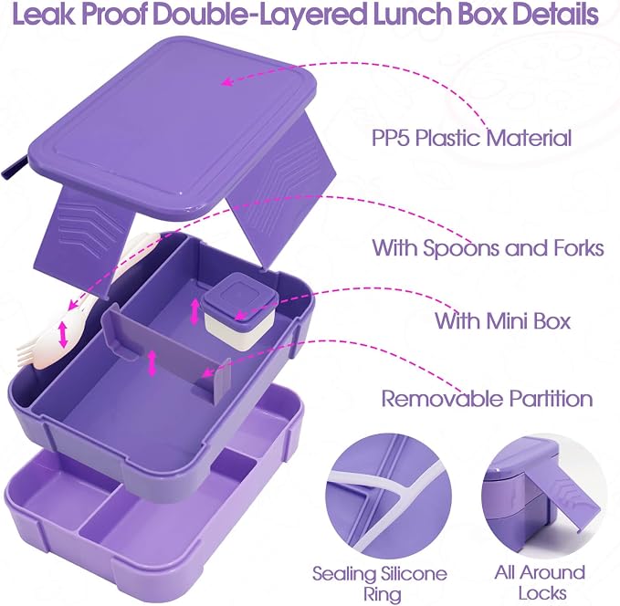 Preppy Lunch Box for Girls with 10oz Thermo, with 6 Compartment Bento Box, Purple Nylon Insulated Lunch Bag Adjustable Strap for Girl Kids Teens School Travel Picnic | Nylon Insulated Lunch Bag with Adjustable Strap, Ideal for Kids Teens School, Travel...