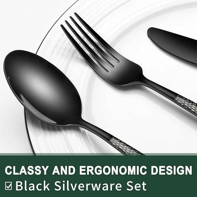 Black Hammered Silverware Set, 40-Piece Stainless Steel Heavy Duty Flatware Set for 8, Food-Grade Tableware Cutlery Set, Utensil Sets for Home Restaurant, Mirror Finish, Dishwasher Safe