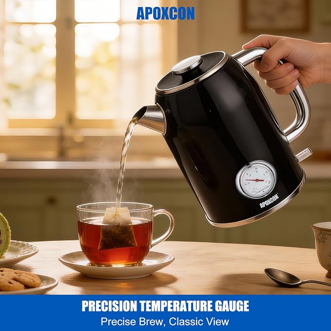 APOXCON Retro Electric Kettle with Thermometer, 1.8L Stainless Steel, Black, Cordless, 1000W Fast Boiling, Automatic Shut Off
