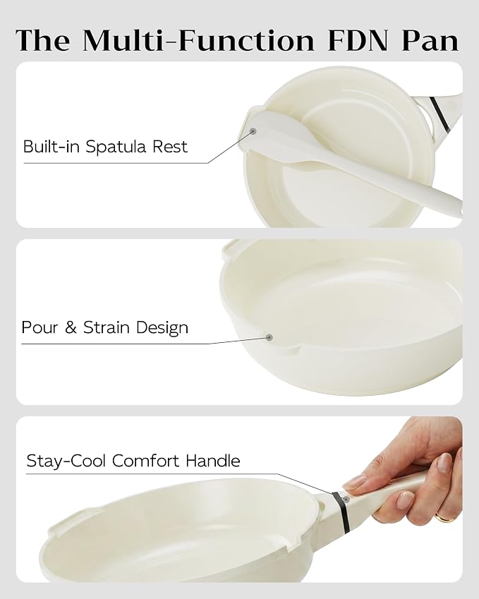 FDN 8" Ceramic Non Stick Frying Pans With Lid, Titanium Pans for Cooking, Non-Toxic PFAS-Free, Induction & Oven-Safe Cookware, Cream White For Daily Cooking