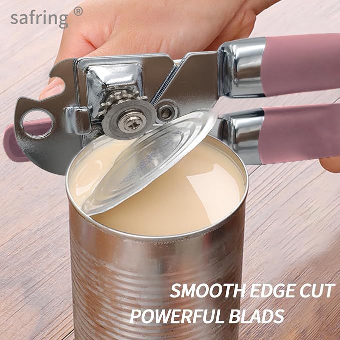 Safring Can Opener Manual, Handheld Strong Heavy Duty Stainless Steel Can Opener, Comfortable Handle, Sharp Blade Smooth Edge, Can Openers with Multifunctional Bottle Opener, Pink