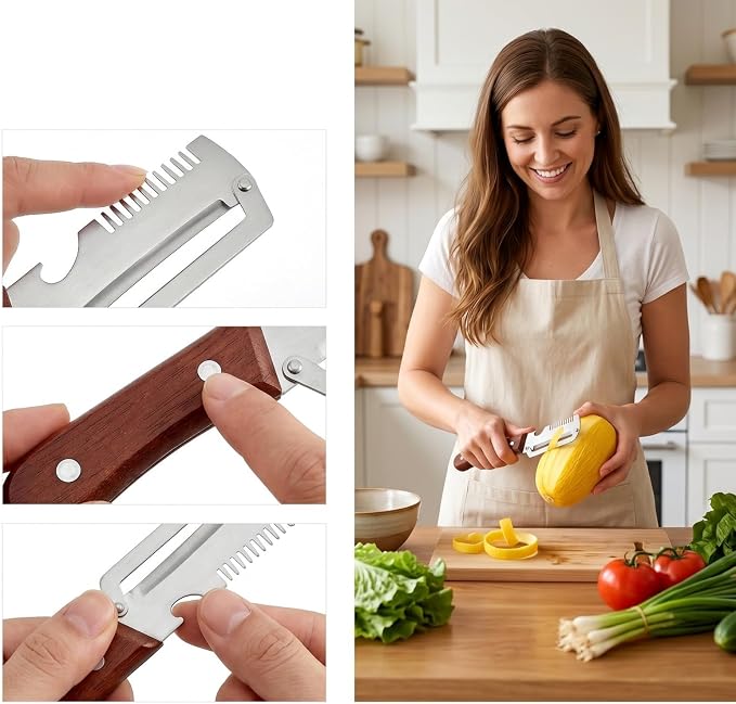2-Pack Multifunctional Vegetable Peeler, 3 in 1 Kitchen Peeler with Wooden Handle, Grater & Bottle Opener for Potato, Carrot, Apple, Fruit & Vegetable