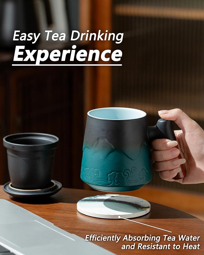 ZENS Tea Mug with Infuser and Lid & Coaster for Tea Steeper, 15oz Green | Embossed Ceramic Tea Cup with Infuser for Loose Leaf Tea Difussers, Tea Lovers Gifts, Nature Wood Handle