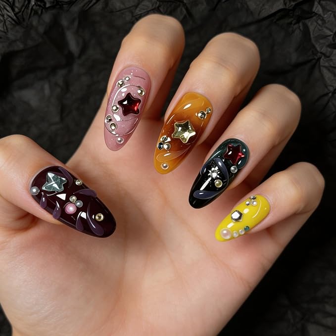 Handmade Press on Nails - Luxury Star & Rhinestone Design Medium Almond Thicked Fake Nails Muti-Layer Gel Handmade Acrylic Nails with 3D Charms Full Cover Stick on Nail for Women 10Pcs（S)