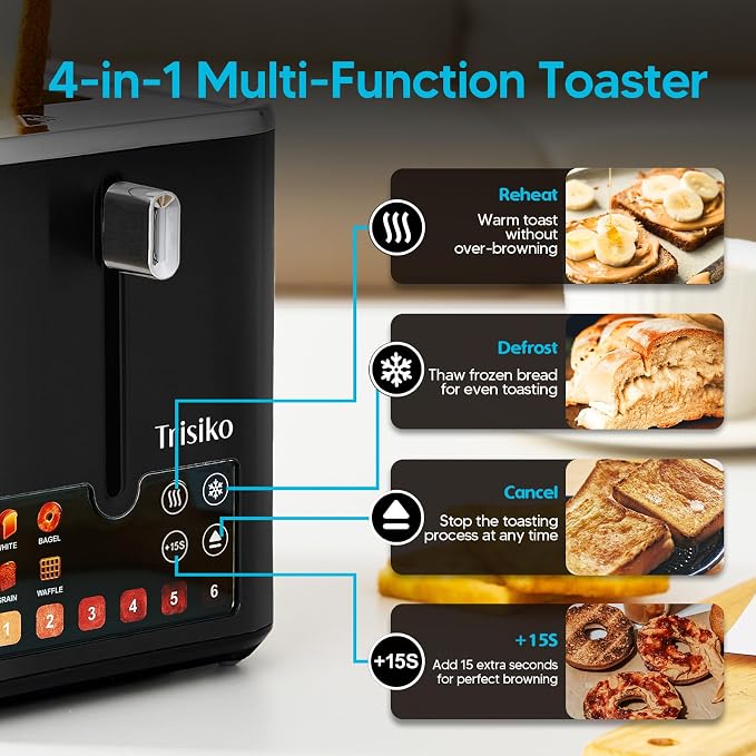 Smart Touch Screen 2 Slice Toaster, Wide Slot,Black | 900W digital toaster with 6 shade levels, bagel, defrost, reheat, cancel, crumb tray, and cord wrap for small kitchens