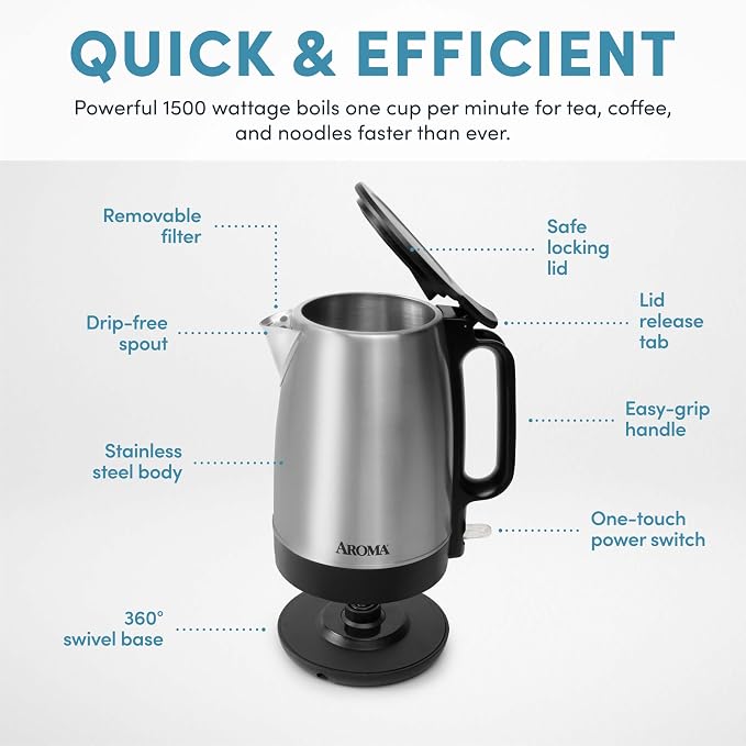 AROMA® 1.7-Liter Electric Kettle with Rapid Boil and Auto-Shut-Off in Stainless Steel (AWK-1401SB)