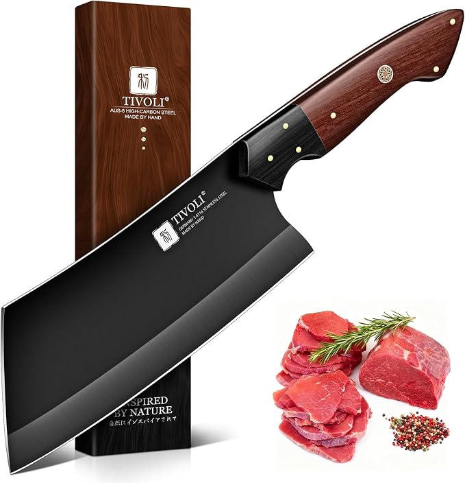 TIVOLI Meat Cleaver Knife 7 inch - Black Butcher Knife for Meat Cutting | German High-carbon Steel, Full Tang, Ergonomic Walnut Handle, Gift Box, Dual-Tech Black Shield