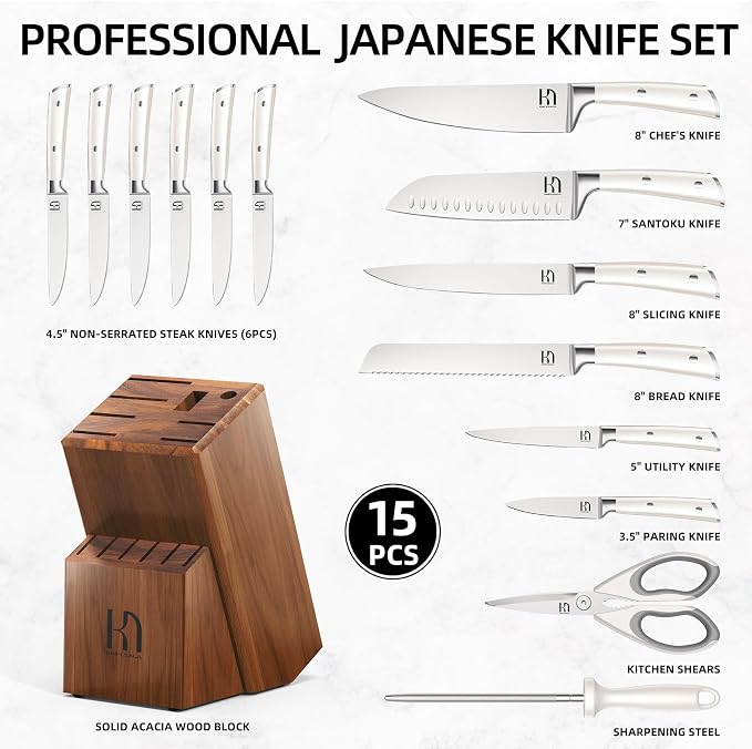 KnifeSaga 15 Pcs Japanese Knife Set with Sharpener, Premuim, Razor Sharp | Innovative Steel, High Carbon Stainless, Enduring Sharpness, Ergonomic Handle, Quality Acacia Wood Block, Full-tang, Gift Box