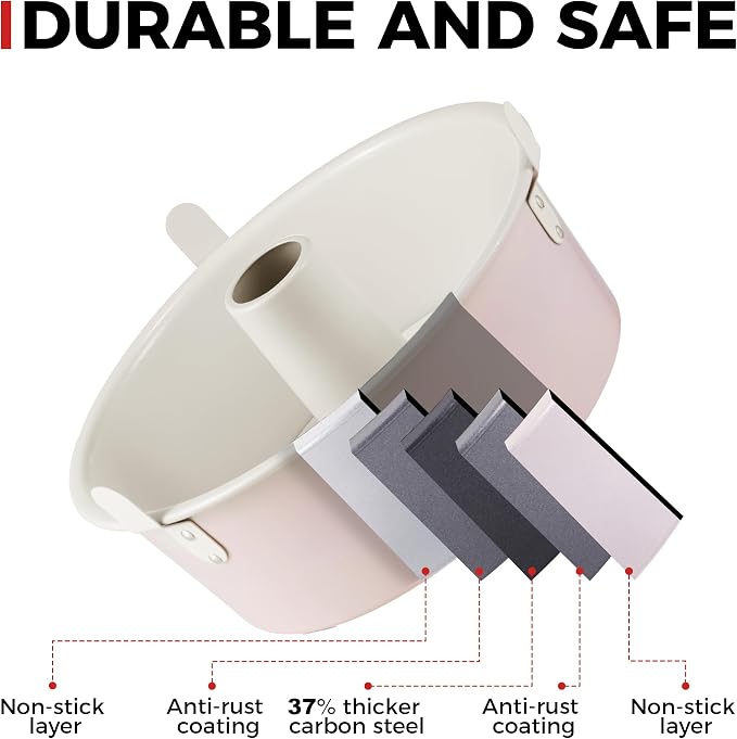 Nonstick Angel Food Cake Pan with Removable Bottom, 10 Inch Tube Pound Cake Pans for Baking Chiffon Cake, 16-Cup, Heavy Duty, Pink