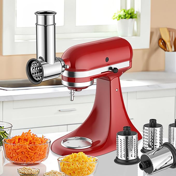 Stainless Steel Slicer Shredder Attachment for KitchenAid Mixer | Cheese Grater Attachment for KitchenAid Stand Mixer, Salad Maker, Grinding Powder, Dishwasher Safe with 4 Blades