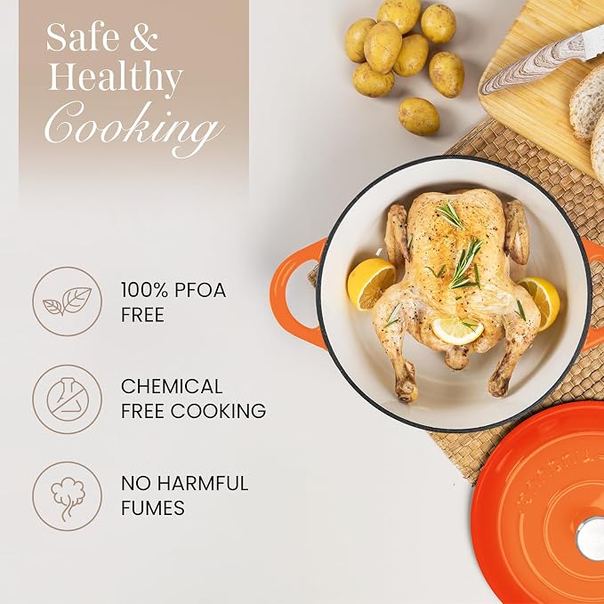 Cast Iron Dutch Oven with Lid-Non-Stick Ovenproof Enamelled Casserole Pot- Sturdy Dutch Oven Cookware - Orange, 7.3- Quart, 30cm- by Nuovva