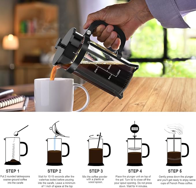 QUQIYSO French Press Coffee Maker 21oz,Borosilicate Glass Coffee Press | Thickened Glass Stainless Steel Coffee French Press,Easy to Clean,4 Filter Suitable for Kitchen Party Camping Gifts(Black)