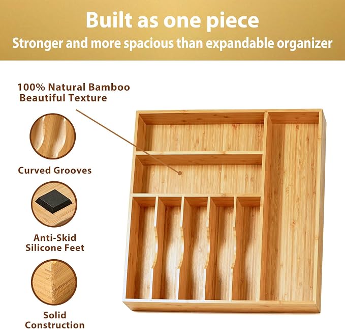 Large Kitchen Drawer Organizer, 19"x19" Silverware Utensils Organizer, 2.5" High for Large Deep Drawers, Bamboo Flatware Holder with Thick Frames, Sturdy Kitchen Organization Tray