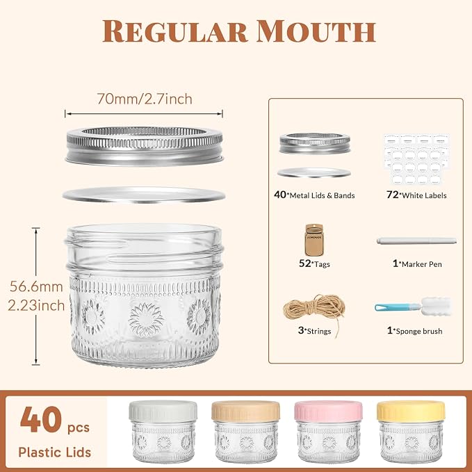 CycleMore 4oz Sunflower Glass Jars 40 Pack with 2 Sets of Lids | Mini Mason Jars with 40 Metal Split + 40 Colorful Plastic Lids. For Jams, Wedding bulk, Wholesale DIY. BPA-Free & Durable