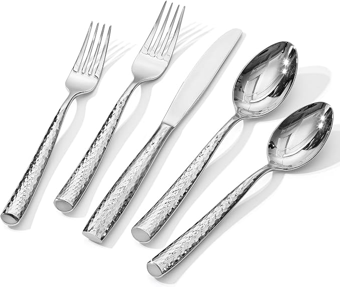 Hammered Flatware Set, 60-Piece 18/10 Stainless Steel Silverware | Heavy Duty Construction, Mirror Polished Finish, Dishwasher Safe, Elegant Utensil Set for Home, Restaurant & Occasions