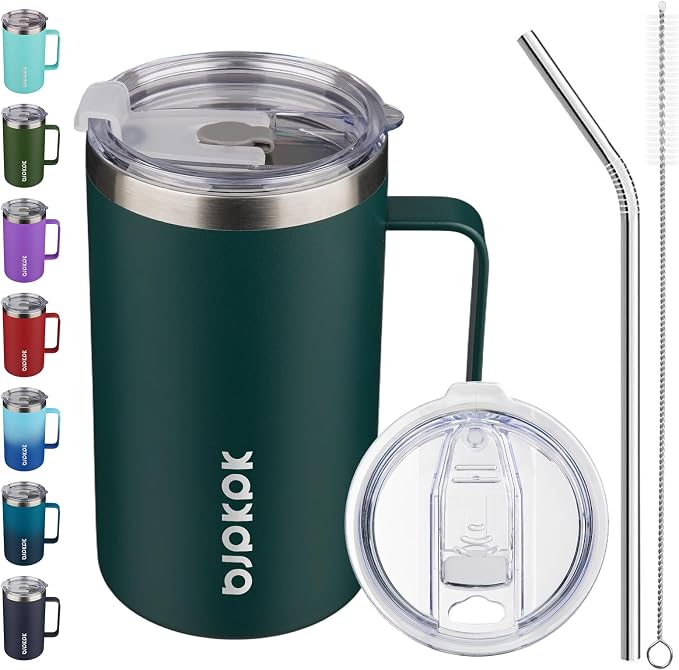 BJPKPK 25oz Insulated Coffee Mug with Handle, Stainless Steel Travel Mug | Keeps Drinks Hot & Cold, Double Wall Vacuum, 2 Lids Included, BPA-Free Coffee Tumbler for Home, Office & Travel