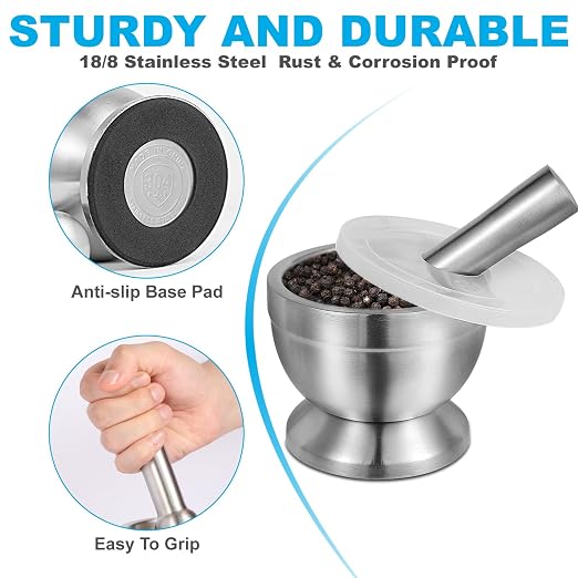 Mortar and Pestle Set, 18/8 Stainless Steel | Non-Slip Base, Food-Grade Stainless Steel Spice Grinder for Grind Spices, Herbs, Pills & Make Pesto – Easy to Clean