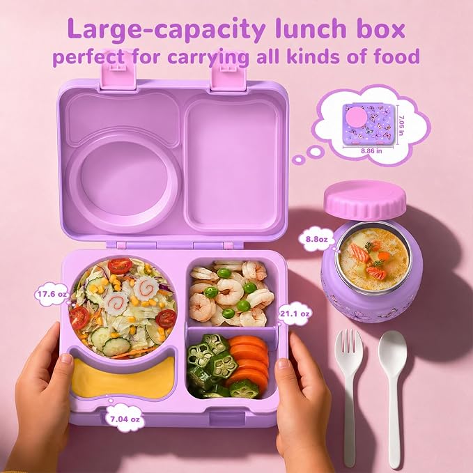 Kids Insulated Lunch Box with 8OZ Thermo Food Jar | Leakproof Bento Box with Ice Pack Sauce Cup Utensils Removable Tray & Dividers for School Daycare Travel, Butterflies