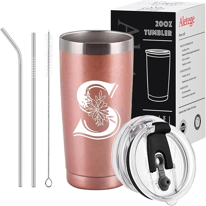 Letter S Insulated Travel Cup with Lid, Personalized Initial Mugs for Women, Letter S Gift Coffee Mugs for Women, Wife, Mom, Grandma, Bridal Shower Gifts, 20 OZ Rose Gold Two Lids