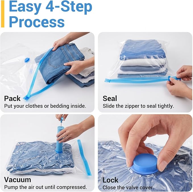 80% Space Saver Vacuum Storage Bags with Hand Pump, 10 Large | Plastic Packaging Bags, Vacuum Seal Bags for Clothing, Travel Lugggage, Blankets, Comforters