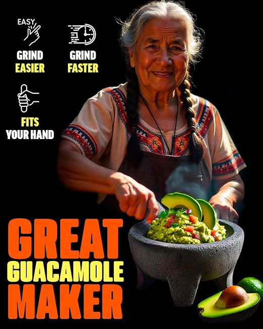 Authentic Molcajete Mexicano Made of Volcanic Rock | 3 Pcs Set (1 Mortar + 1 Pestle + 1 MexTowel) High-Heat Resistant, Mexican Mortar and Pestle Set, Guacamole Bowl and Masher