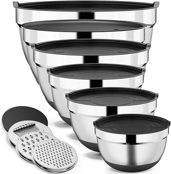 9 Pack Mixing Bowls with Airtight Lids & Grater Attachments, Black | Stainless Steel Bowl, Non-slip Bases, Nesting Kitchen Bowl, Size 5, 4, 3, 2, 1.5,1QT,for Food Prep, Baking, Storage & Serving