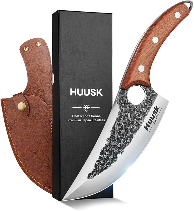 Huusk Viking Knife with Leather Sheath, Hand Forged Butcher Chef Knives | Razor-sharp Japanese Carbon Steel Meat Cutting Knife with Wood Handle for BBQ, Camping & Kitchen, Cool Gifts for Men & Dad