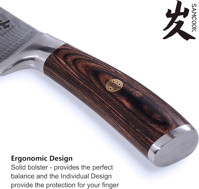 SAMCOOK Damascus Chef Knife - 8 Inch Professional Sharp Kitchen Knife, High Carbon Stainless Steel Meat Sushi Cutting Gyuto knife - Ergonomic Pakkawood Handle with Gift Box
