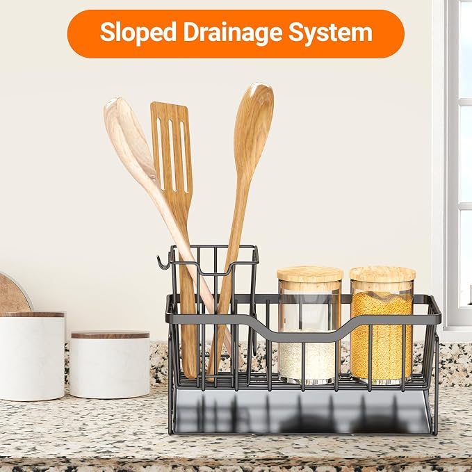 StorageRight Sponge Holder for Kitchen Sink, Stainless Sink Caddy Organizer | Rustproof Kitchen Sink Organizers with High Brush Holder & Self Drain Tray, Anti-Slip Kitchen Countertop Storage Essentials