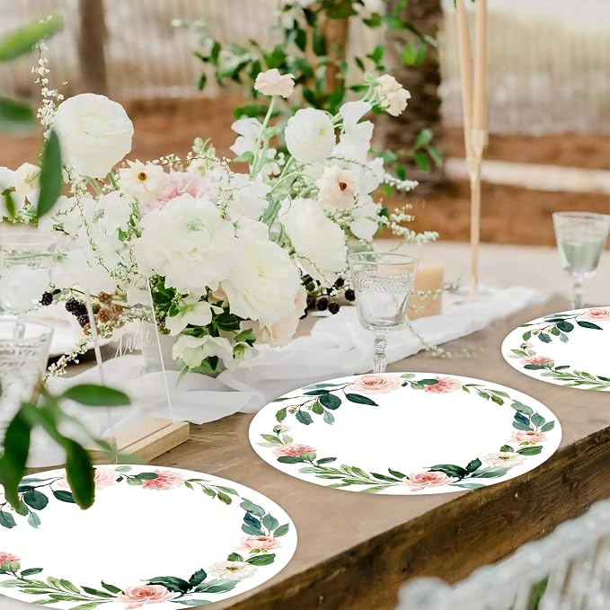 50 Pack Paper Placemats Disposable Pink Floral Wedding Placemats 13.7 Inch Rose Floral Round Place Mats Summer Table Mats for Birthday Wedding Anniversary Bride Party Supplies