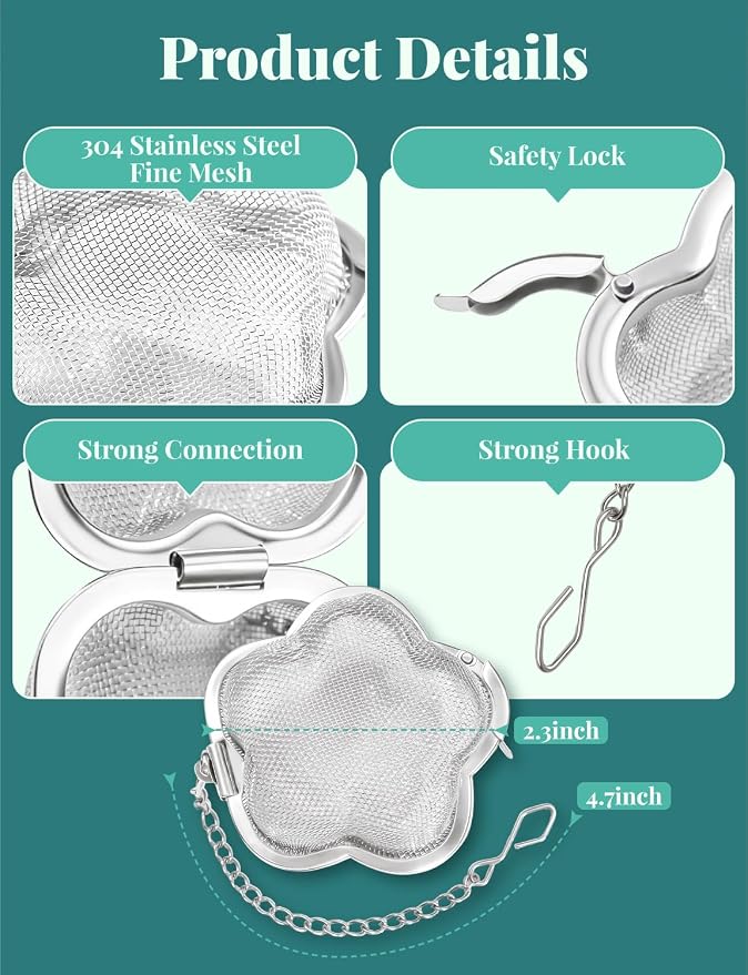 2 Pack Tea Infuser for loose tea，2.3 inch Flower Design Stainless Steel Tea Ball，Fine Mesh Tea Strainer with Extended Chain Hook for Brew Tea, Spices & Seasonings