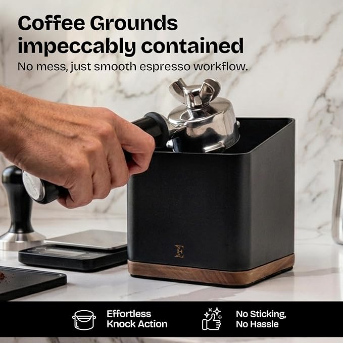 Espresso Knock Box with Lid, 1L Steel Coffee Puck Container, Black | Walnut non-slip base, quiet rubber knock bar, holds 20-25 pucks, dump bin for used grounds, home barista station essential