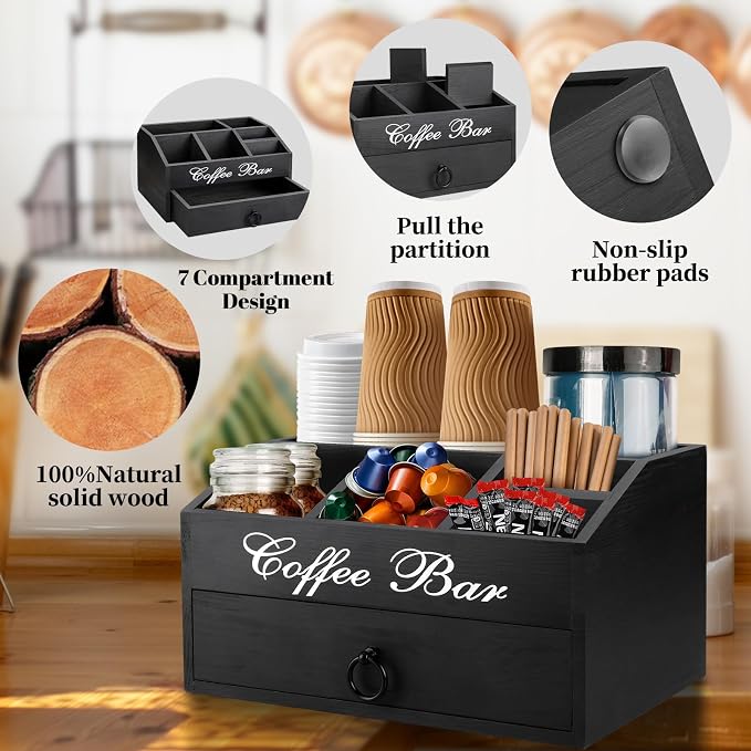 Wooden Coffee Station Organizer for Countertop | 6 Compartments & a Drawer | Farmhouse Coffee Pods Holder Coffee Bar Accessories and Tea Condiment Basket