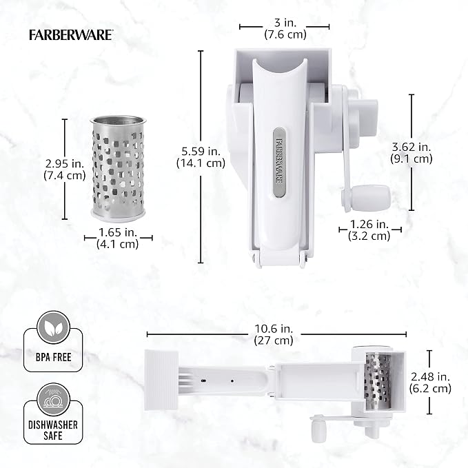 Farberware Pro Rotary Cheese Grater, Hand Crank Parmesan Grater with Stainless Steel Drum, Ergonomic Handle, Dishwasher Safe, White