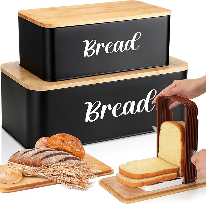 Teenyyou 2 Pcs Extra Large Bread Box with Slicer, Metal Bread Storage Container with Bamboo Cutting Board Lids, 2 Sizes Farmhouse Breadbox Set for Kitchen Countertop(Black)