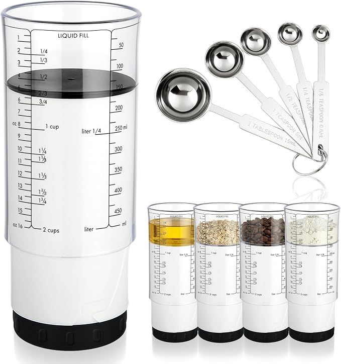 6 Pcs Adjustable Push up Measuring Cup Set 1 Measure Cup 5 Measure Spoon | Kitchen Measuring Baking Tool, 2 Cup Measuring Cup for Butter, Liquid, Dry, Semi Solid Ingredient, Home Cooking Gadget